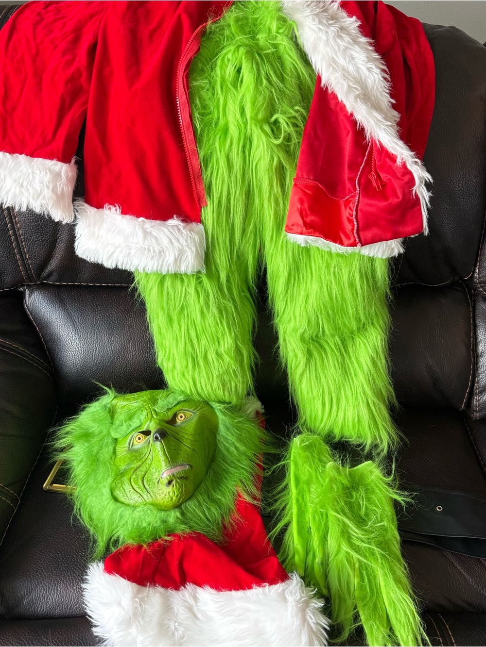 Men's Grinch-Inspired Costume Set — Bright Green Faux Fur with Red Santa Coat